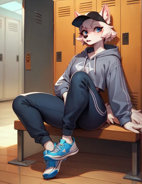 anthropomorphic albino wolf, feminine, blue eyes, wearing a slightly gray sweatshirt, a black cap under the hood, gray wide pant...