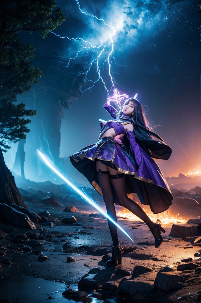 Spelling Magic, Wearing clothes that resemble cosplay costumes, impossible fantasy scenario, The ground is visible in the distance, Holding the magic wand, Thunder flashes on the mage&#39;s staff, Detailed face, long white hair, Beautiful fair and transparent skin, delicate eyes, Detailed lips, beautiful long eyelashes, Realistic, Very detailed, 8k, best quality, masterpiece, bright colors, dramatic lighting, Film composition, Digital art