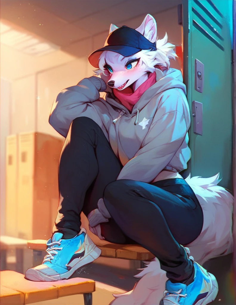 Anthropomorphic albino wolf, feminine, blue eyes, wearing a slightly gray sweatshirt, a black cap under the hood, gray wide pants, All star brand sneakers, leaning against a locker inside a high school