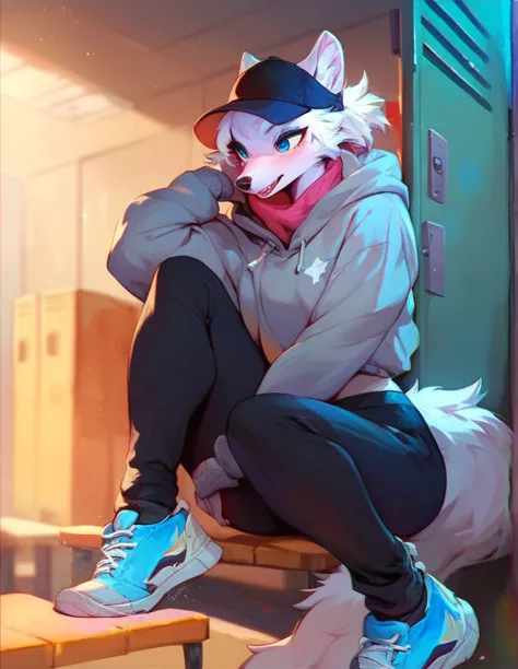 anthropomorphic albino wolf, feminine, blue eyes, wearing a slightly gray sweatshirt, a black cap under the hood, gray wide pant...