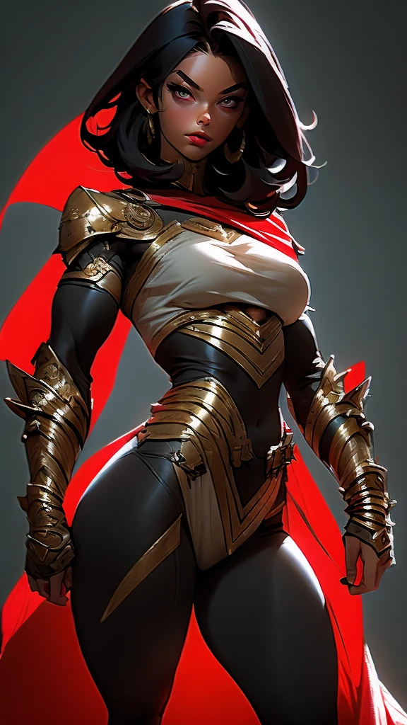 (masterpiece), best quality, expressive eyes, perfect face(masterpiece), best quality, expressive eyes, perfect face, Female warrior, very short black hair, scar on left eye, bronze skin, red lips, amber eyes, muscular, wide hips, large breasts, holding a sword, red cape torn shoulder, arm sleeves, belt on legs, steel plate boots, steel plate gauntlets, chocker, breast plate, pussy plate, body scars, standing, arm armor, leg armor, half naked