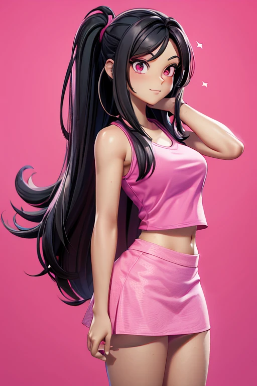 Digital drawing of a woman with long black hair, wearing a pink top and a pink mini skirt, athletic body, 8k, cartoon style