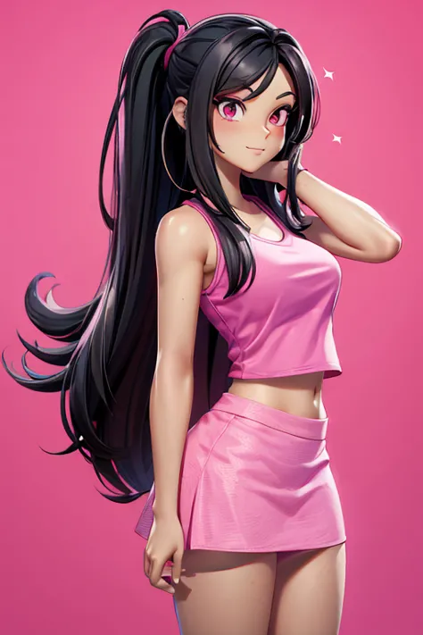 digital drawing of a woman with long black hair, wearing a pink top and a pink mini skirt, athletic body, 8k, cartoon style