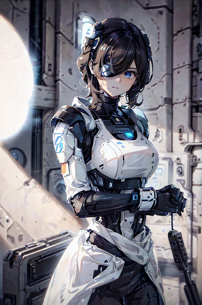 A beautiful android girl with black and brown hair, wearing a sleeveless white dress and long elegant white gloves, with a blue left eye glowing with energy and an eye patch on the right eye, highly detailed, cinematic lighting, photorealistic, 8k, masterpiece