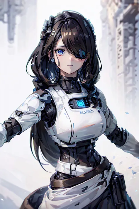 a beautiful android girl with black and brown hair, wearing a sleeveless white dress and long elegant white gloves, with a blue ...