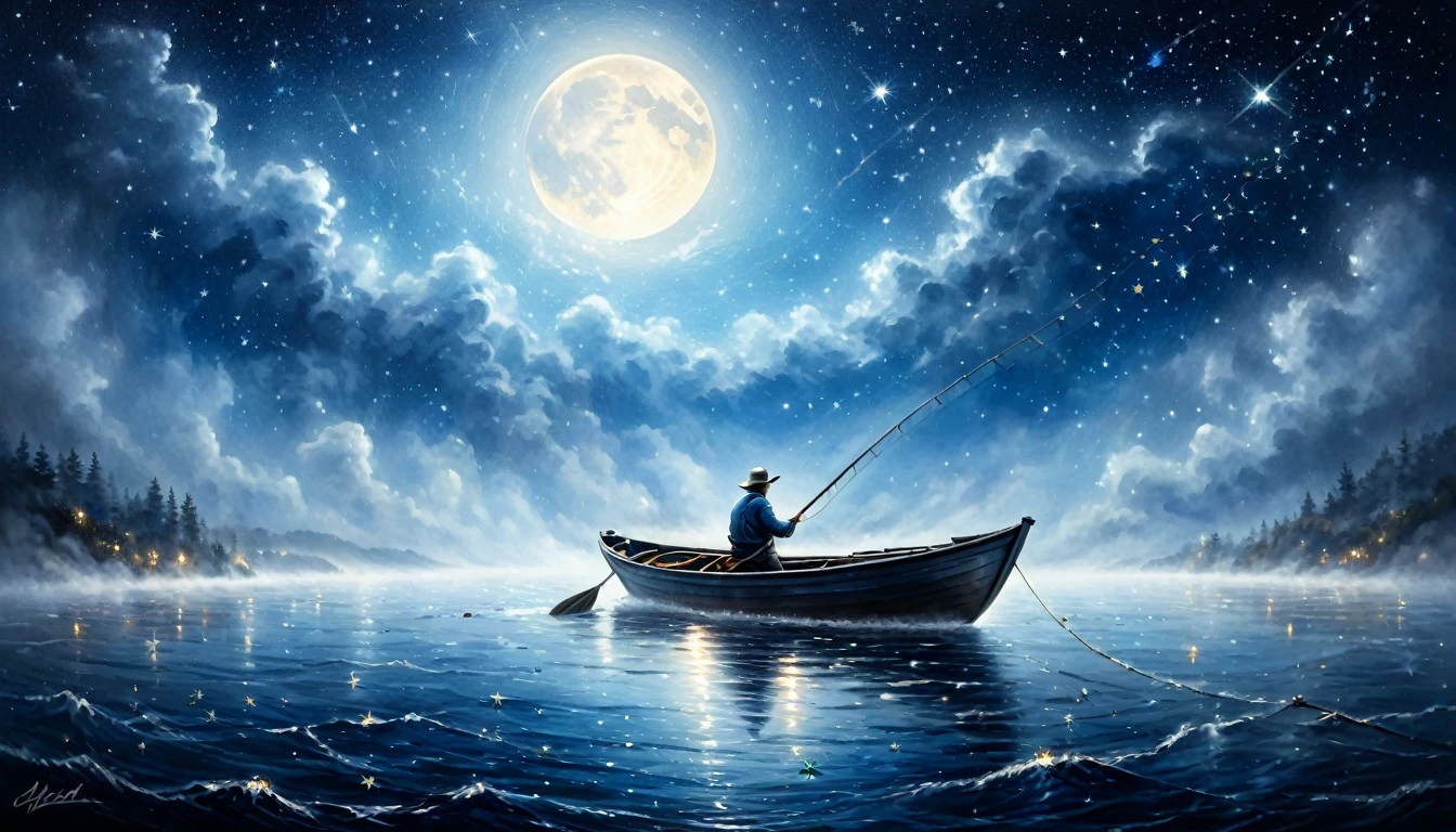 ( perfect anatomy ) There is a man fishing in a small boat on the sea. The fog is very thick. Dreamy fog painting. Fishing at night. Dark blue sea water. Starry sky. Moonlight leaves little starlight on the sea.(Bright stars) Deep blue gradient tones High dynamic range intricate details cinematic visuals art painting-like texture is extremely delicate, (unique style)Very detailed, fresh and elegant aesthetic style, airbrush digital oil painting, movie lighting, very beautiful, perfect composition, intricate details, Super detailed and exquisite high quality work from a master artist
