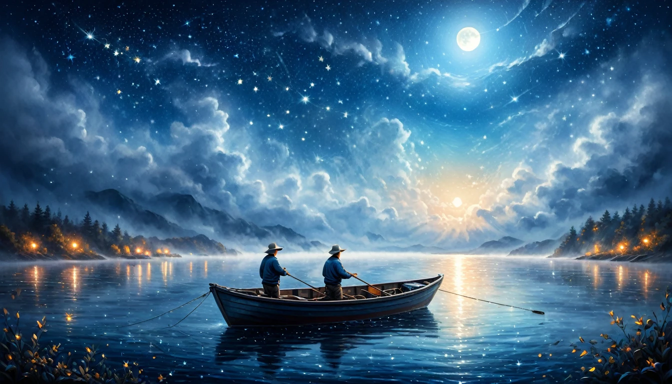 ( perfect anatomy ) There is a man fishing in a small boat on the sea. The fog is very thick. Dreamy fog painting. Fishing at night. Dark blue sea water. Starry sky. Moonlight leaves little starlight on the sea.(Bright stars) Deep blue gradient tones High dynamic range intricate details cinematic visuals art painting-like texture is extremely delicate, (unique style)Very detailed, fresh and elegant aesthetic style, airbrush digital oil painting, movie lighting, very beautiful, perfect composition, intricate details, Super detailed and exquisite high quality work from a master artist
