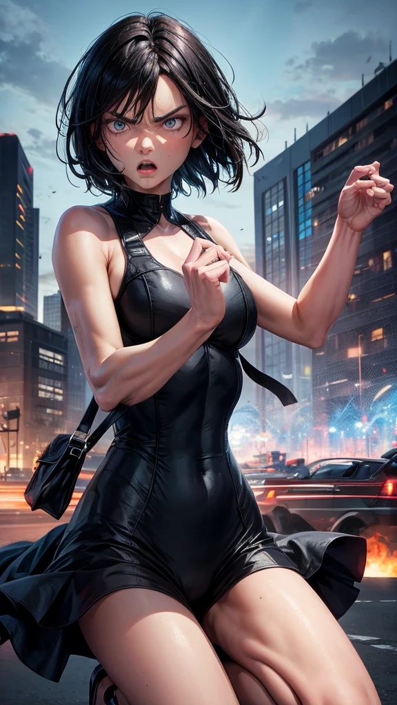 Short black hair, blue eyes, angry expression, city background