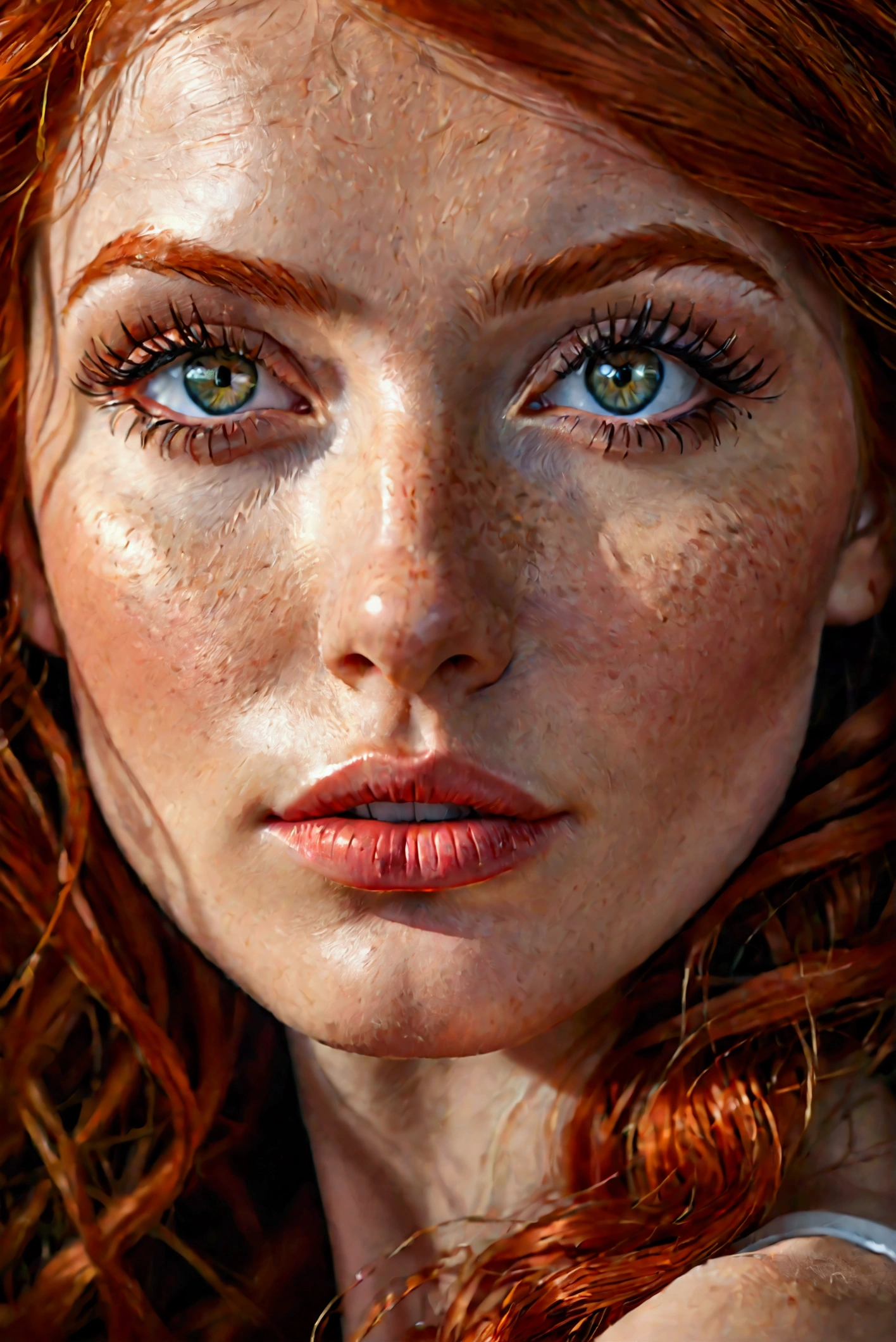 redhead woman, beautiful detailed eyes, beautiful detailed lips, extremely detailed face and skin, long eyelashes, beautiful woman, portrait, high quality, 4k, 8k, photorealistic, studio lighting, ultra-detailed, realistic, hyperrealistic, award winning, vibrant colors, cinematic lighting, dramatic lighting, epic scale, detailed background