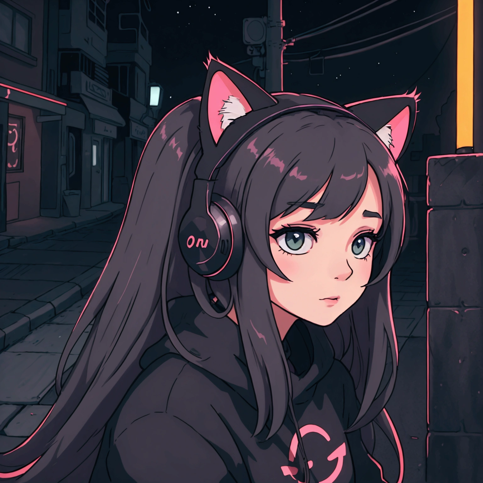 A cat-like girl is relaxing at night on a quiet urban street, softly illuminated by neon lights. She has long, flowing hair, wears sleek black clothing, and has large headphones on, indicating her love for music. The girl has cat ears that complement her style. Her expression is calm and content as she casually leans against a wall, enjoying the serene and mysterious nighttime atmosphere