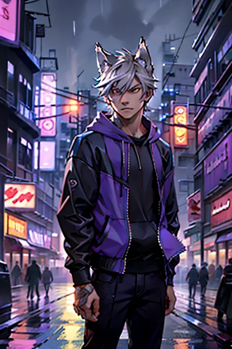 teenage male, (anthropomorphic wolf, athletic,) grey hair, purple hoodie, looking off camera, low lighting, neon signs, rainy ci...