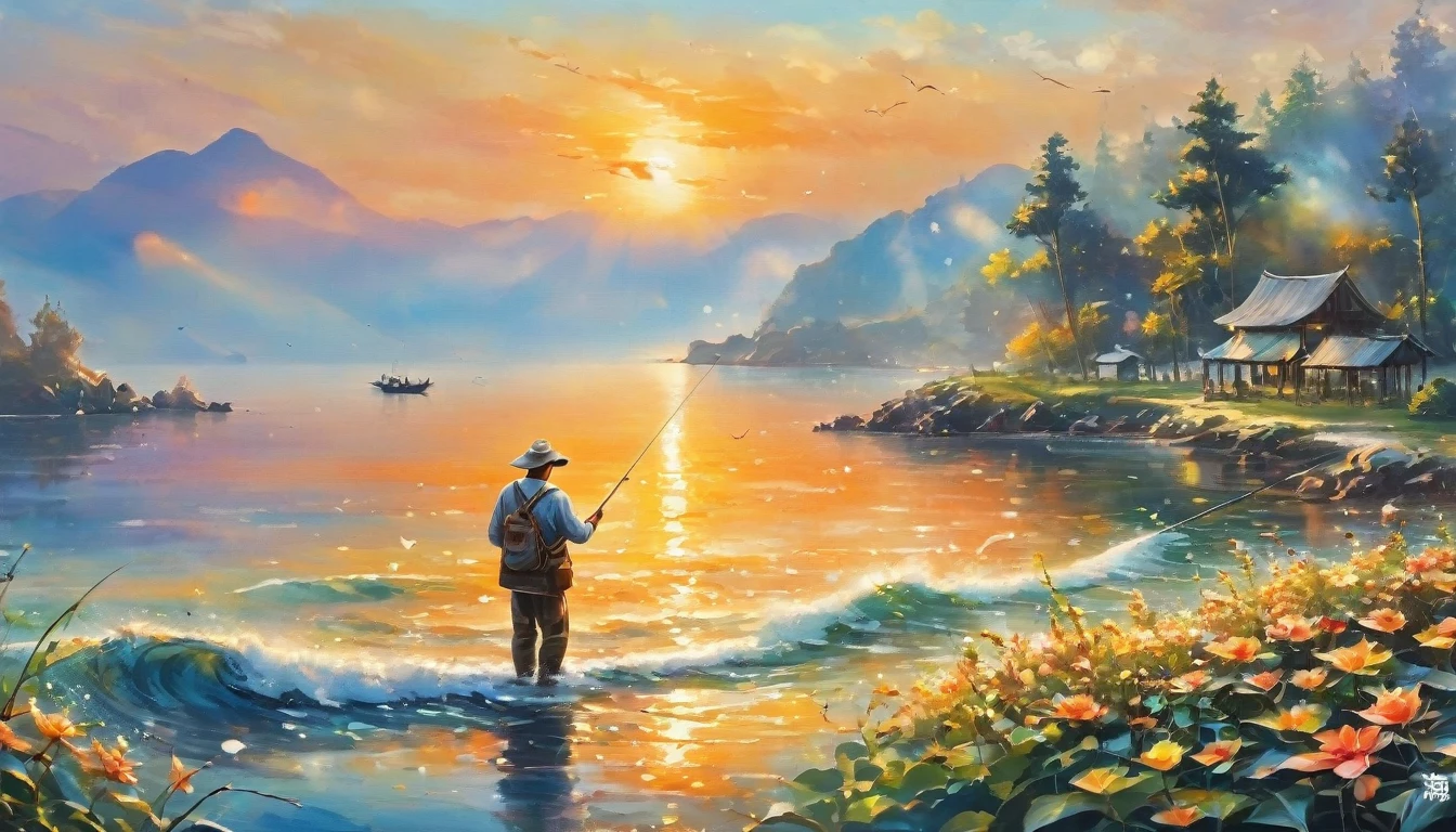 ((masterpiece)), ((best quality)), contour、Sunset、Fisherman、holding fishing rod