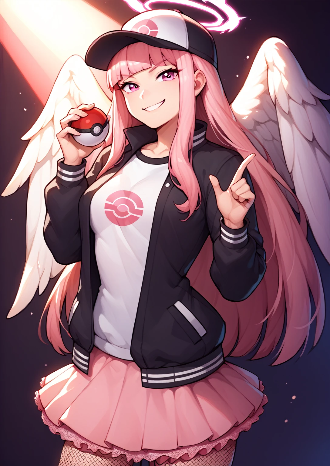 1girl, solo, pink eyes, long hair, korean, blunt bangs, large angel wings, smirk, black and white letterman jacket, pink lace skirt, fishnet stockings, dynamic pose, holding a pokeball, black and ourple conductors hat,