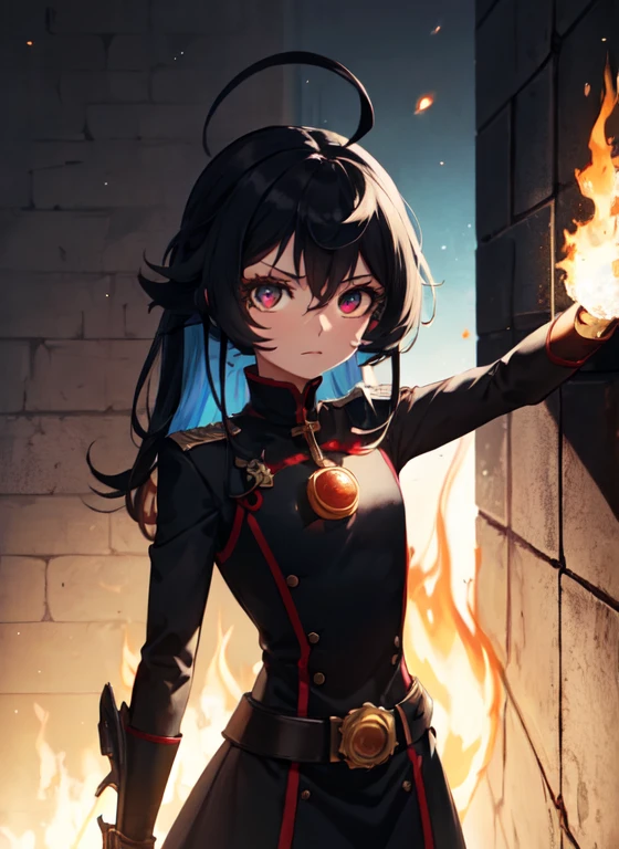 1 girl, Bblack hair, Eyes red, fire witch, bloodstains, Light particles, lightrays, wall-paper, hight contrast, colorfully,