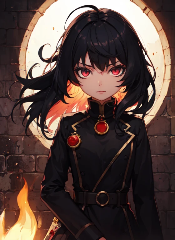 1 girl, Bblack hair, Eyes red, fire witch, bloodstains, Light particles, lightrays, wall-paper, hight contrast, colorfully,