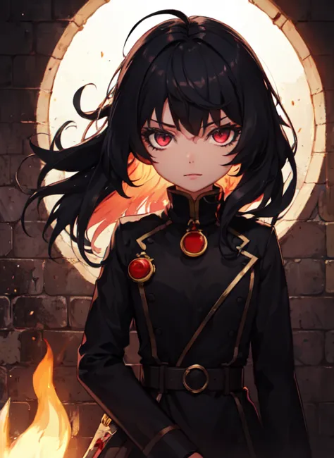 1 girl, bblack hair, eyes red, fire witch, bloodstains, light particles, lightrays, wall-paper, hight contrast, colorfully,