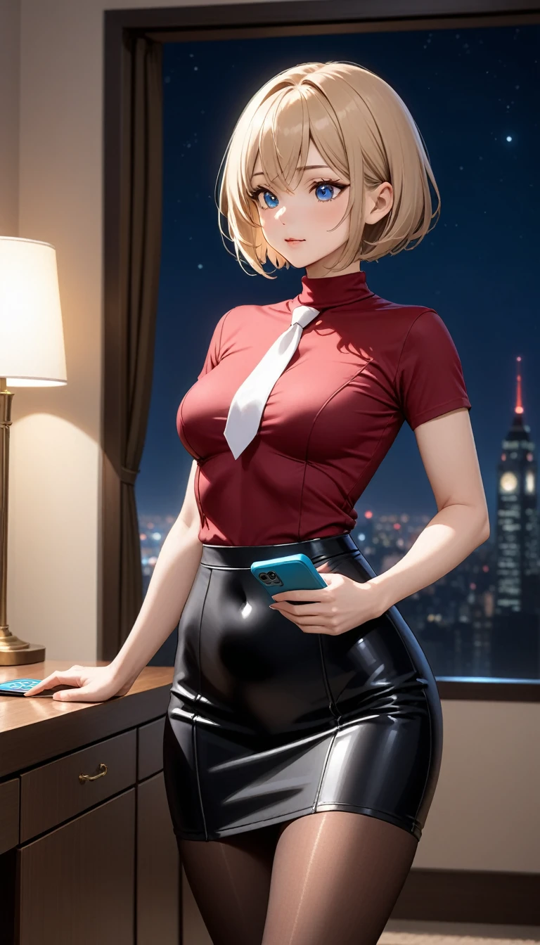 Beautiful 47y old woman with short undercut blonde hair with blue eyes wearing ((Tight Black Cirre Skirt)), ((Sexy Mock Neck Short Sleeves Dark Red Shirt)), ((Black Secretary Suit)), ((Secretary Suit)), ((White Tie)), ((Brown Pantyhose)), standing in her bedroom at night, holding her cellphone, (caucasian skin), (light brown lipstick), (elegant mascara), (slim body), (small breasts), (wide hips), midjourney, <lora:GoodHands-, <lora:GoodLegs-, UHD, high resolution, (expressive eyes, perfect face, full body, expressive face, perfect body, perfect pussy, athletic, fit, slim body, blushing, Perfect makeup, eyeliner, beautiful eyelashes, smiling, horny face), ((best illumination, best shadows)), ((sexy pose)), score_9_up, score_8_up, score_7_up