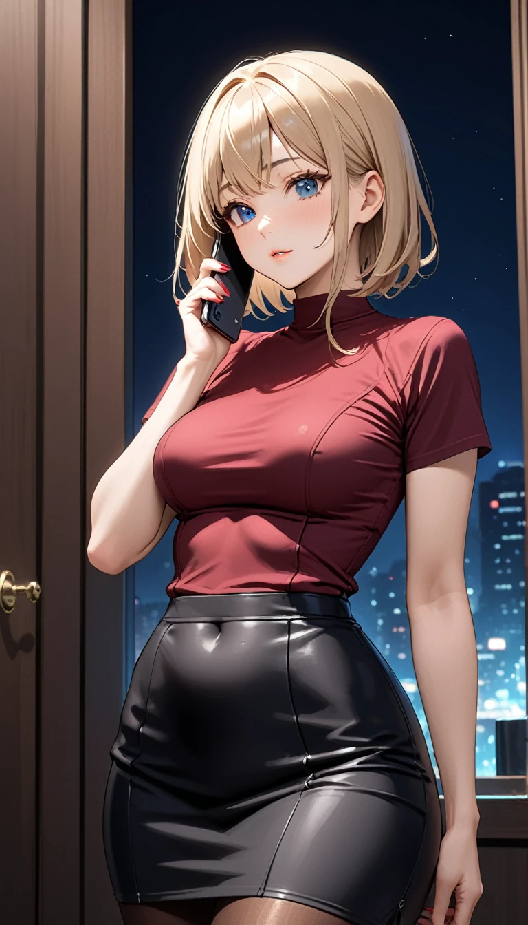 Beautiful 47y old woman with short undercut blonde hair with blue eyes wearing ((Tight Black Cirre Skirt)), ((Sexy Mock Neck Short Sleeves Dark Red Shirt)), ((Black Secretary Suit)), ((Secretary Suit)), ((White Tie)), ((Brown Pantyhose)), standing in her bedroom at night, holding her cellphone, (caucasian skin), (light brown lipstick), (elegant mascara), (slim body), (small breasts), (wide hips), midjourney, <lora:GoodHands-, <lora:GoodLegs-, UHD, high resolution, (expressive eyes, perfect face, full body, expressive face, perfect body, perfect pussy, athletic, fit, slim body, blushing, Perfect makeup, eyeliner, beautiful eyelashes, smiling, horny face), ((best illumination, best shadows)), ((sexy pose)), score_9_up, score_8_up, score_7_up