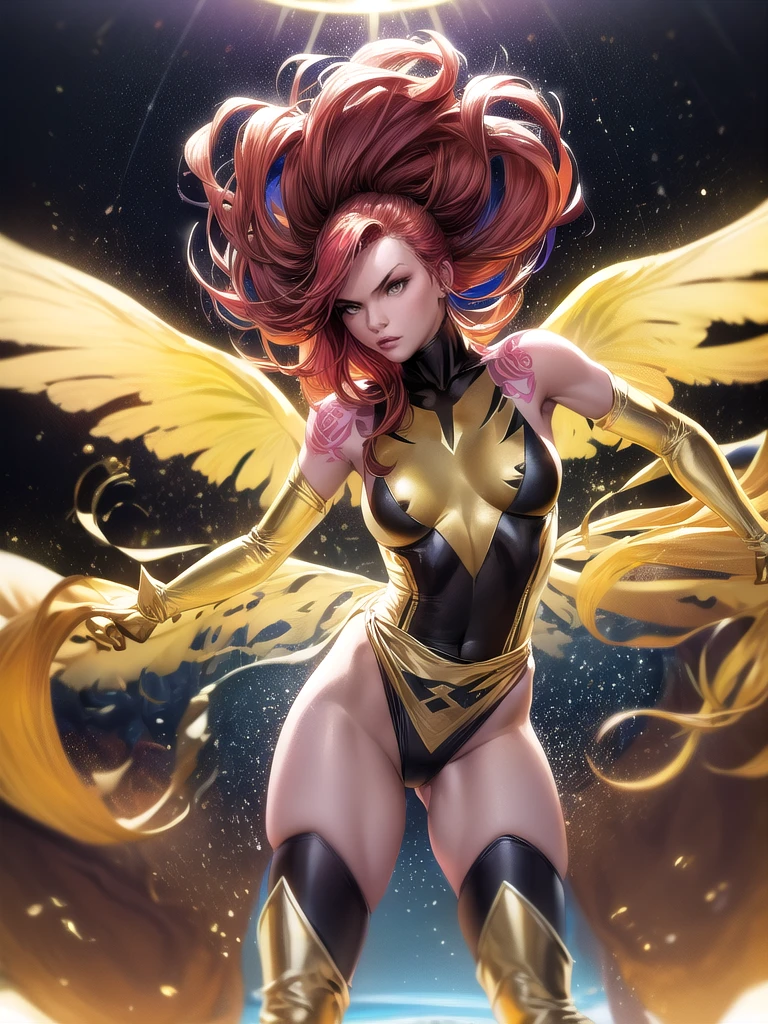 1girl, solo, Jean Grey of X-men, high leg unitard of black and gold, boob window in unitard, ((small bust)), ((thighs showing)), ((calf-high boots)), color mandala tattoos (on thighs:1.37), wings, floating in space, arms out in power pose, contrapposto stance, dramatically colorful cosmic background, moody lighting, 16k, best quality, masterpiece, (wide angle:1.27), full length portrait