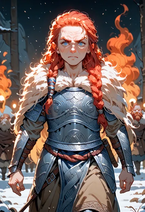 1girl, masterpiece, a viking (((dwarf))), walking, (((adult))) woman, red hair, braided hair, blue eyes historical (((viking fur...