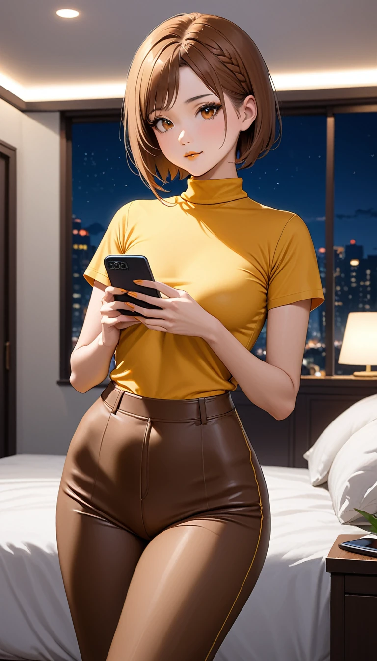 Beautiful 47y old woman with short undercut cornrows dark brown orange hair with brown eyes wearing ((Tight Brown Cirre Pants), ((Sexy Mock Neck Short Sleeves Yellow Orange Shirt)), standing in her bedroom at night, holding her cellphone, (dark-tanned skin), (light brown lipstick), (elegant mascara), (slim body), (small breasts), (wide hips), midjourney, <lora:GoodHands-, <lora:GoodLegs-, UHD, high resolution, (expressive eyes, perfect face, full body, expressive face, perfect body, perfect pussy, athletic, fit, slim body, blushing, Perfect makeup, eyeliner, beautiful eyelashes, smiling, horny face), ((best illumination, best shadows)), ((sexy pose)), score_9_up, score_8_up, score_7_up