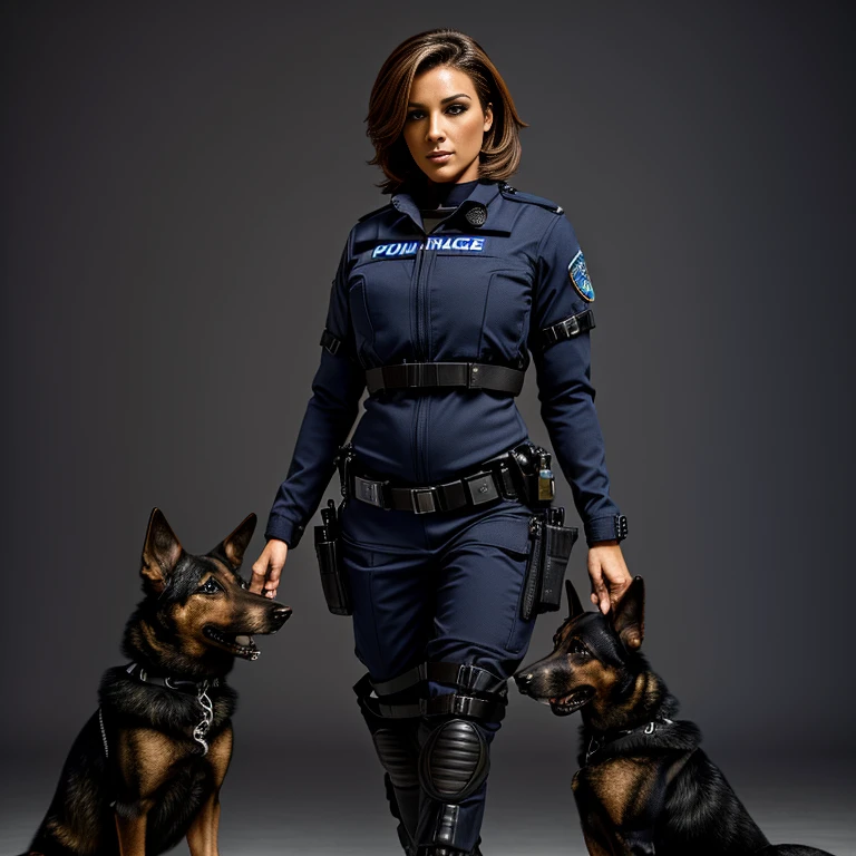 Consciousness upward), (High resolution), (8k), (Very detailed), (The best Consciousness upward ), (Highest quality), (Very detailed), (masterpiece), ((Curvaceous physique)),(full body),Shepard and a beautiful policewoman, ((Police Dog))