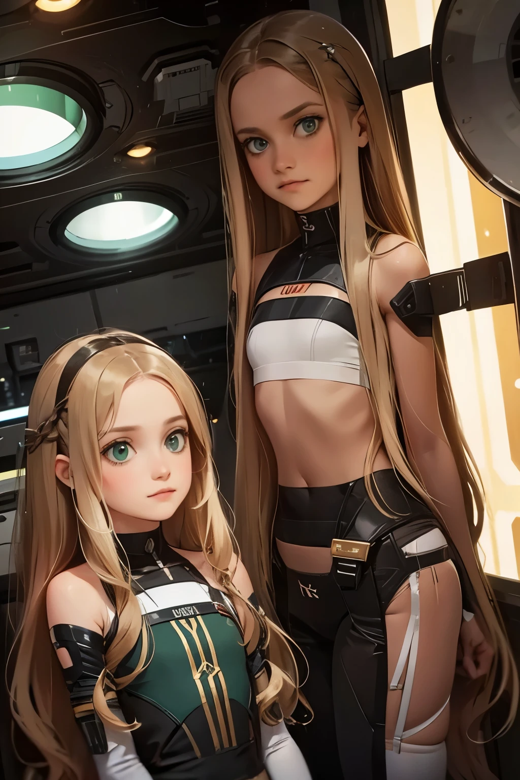 two little girls and a mother in a space station, a with long blond hair, a with long brown hair. Mom with long hair and dark green eyes