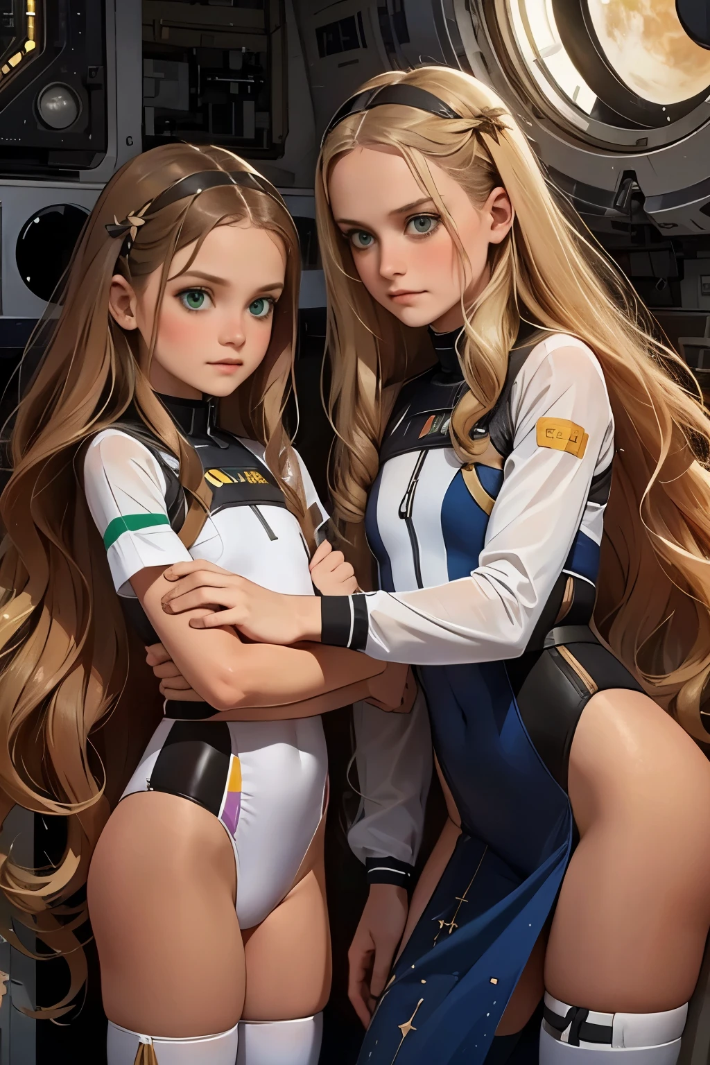 two little girls and a mother in a space station, a with long blond hair, a with long brown hair. Mom with long hair and dark green eyes