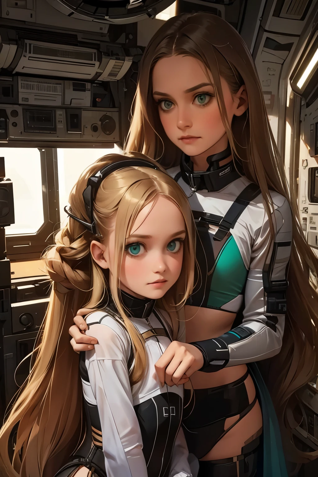 two little girls and a mother in a space station, a with long blond hair, a with long brown hair. Mom with long hair and dark green eyes