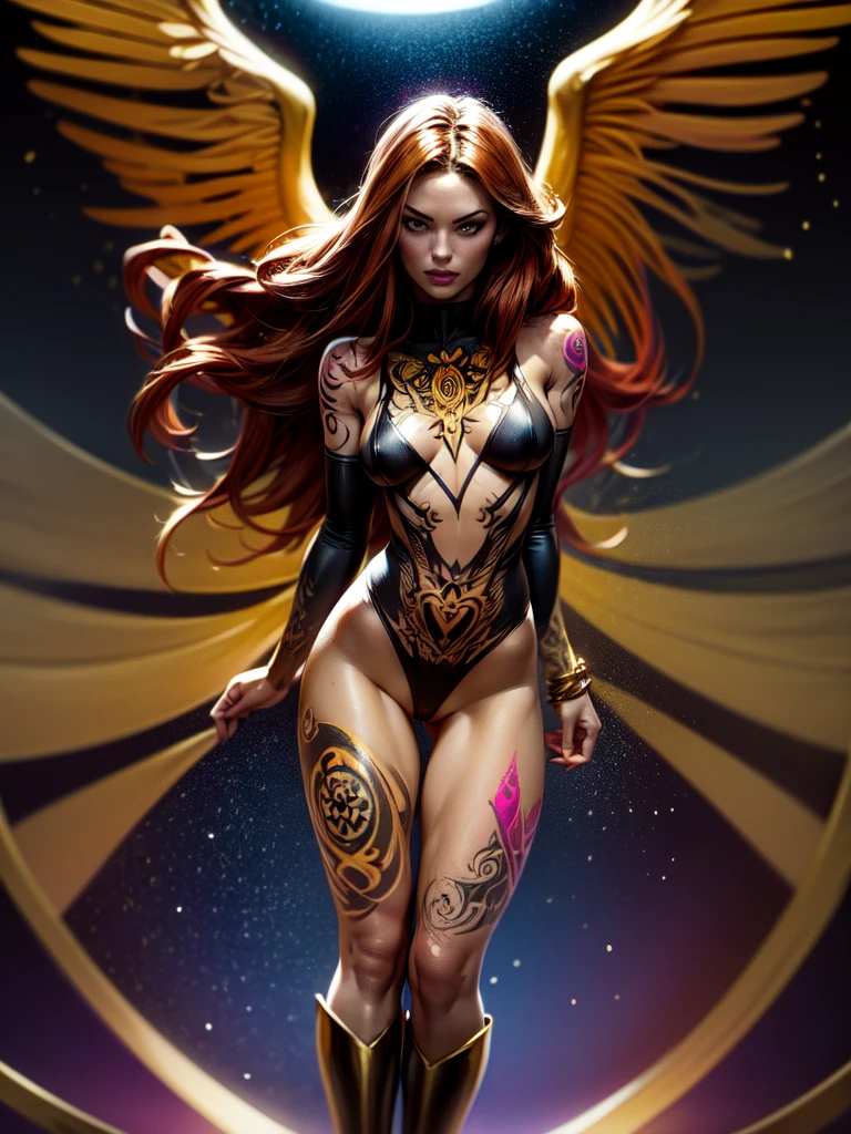 1girl, solo, Jean Grey of X-men, high leg unitard of black and gold, boob window in unitard, ((small bust)), ((thighs showing)), ((calf-high boots)), (color mandala tattoos on thighs:1.37), wings, floating in space, arms out in power pose, contrapposto stance, dramatically colorful cosmic background, moody lighting, 16k, best quality, masterpiece, (wide angle:1.27), full length portrait