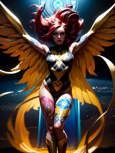 1girl, solo, jean grey of x-men, high leg unitard of black and gold, boob window in unitard, ((small bust)), ((thighs showing)),...