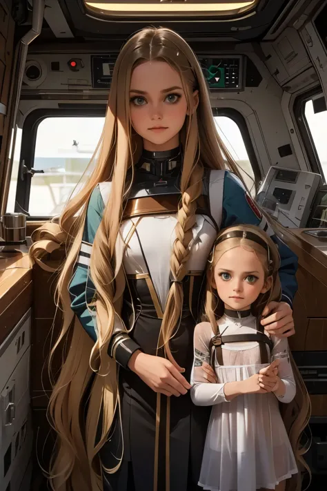 two little girls and a mother in a space station, a with long blond hair, a with long brown hair. mom with long hair and dark gr...