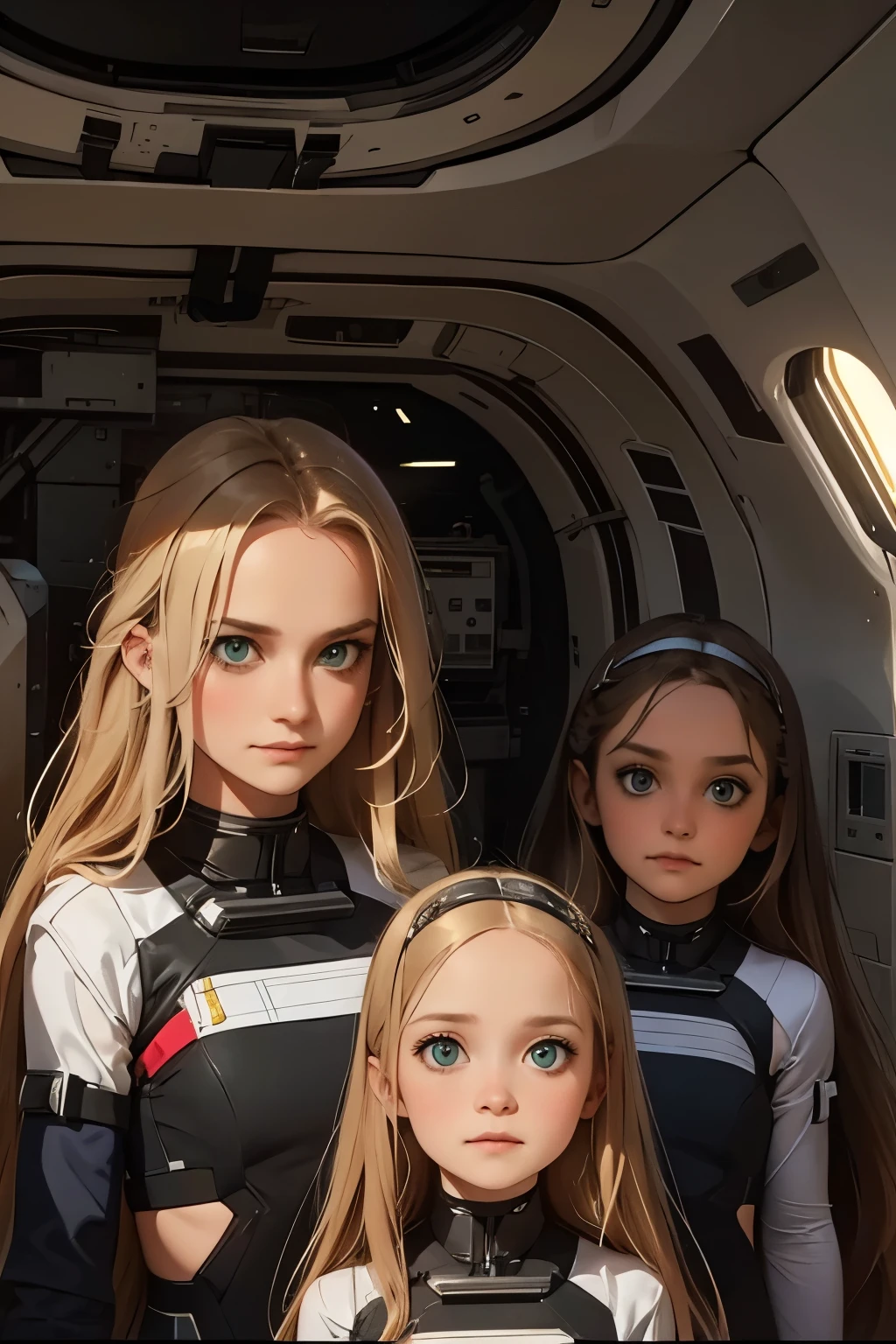 two little girls and a mother in a space station, a with long blond hair, a with long brown hair. Mom with long hair and dark green eyes