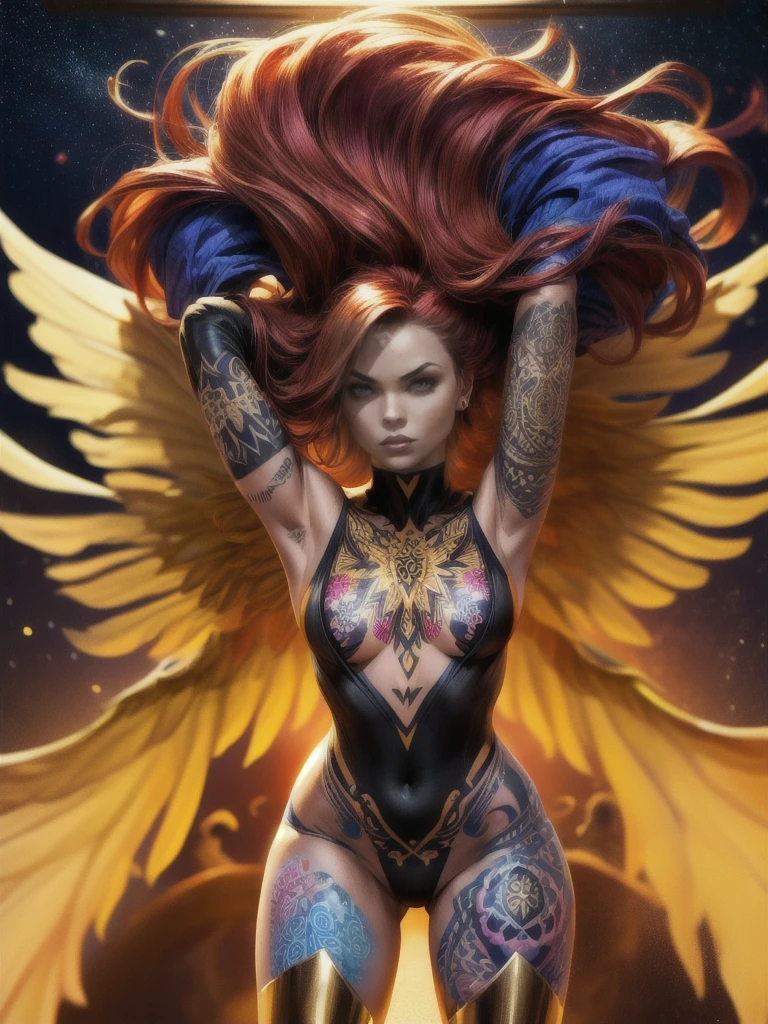 1girl, solo, Jean Grey of X-men, high leg unitard of black and gold, boob window in unitard, ((small bust)), ((thighs showing)), ((calf-high boots)), (color mandala tattoos on thighs:1.37), wings, floating in space, arms out in power pose, contrapposto stance, dramatically colorful cosmic background, moody lighting, 16k, best quality, masterpiece, (wide angle:1.27), full length portrait