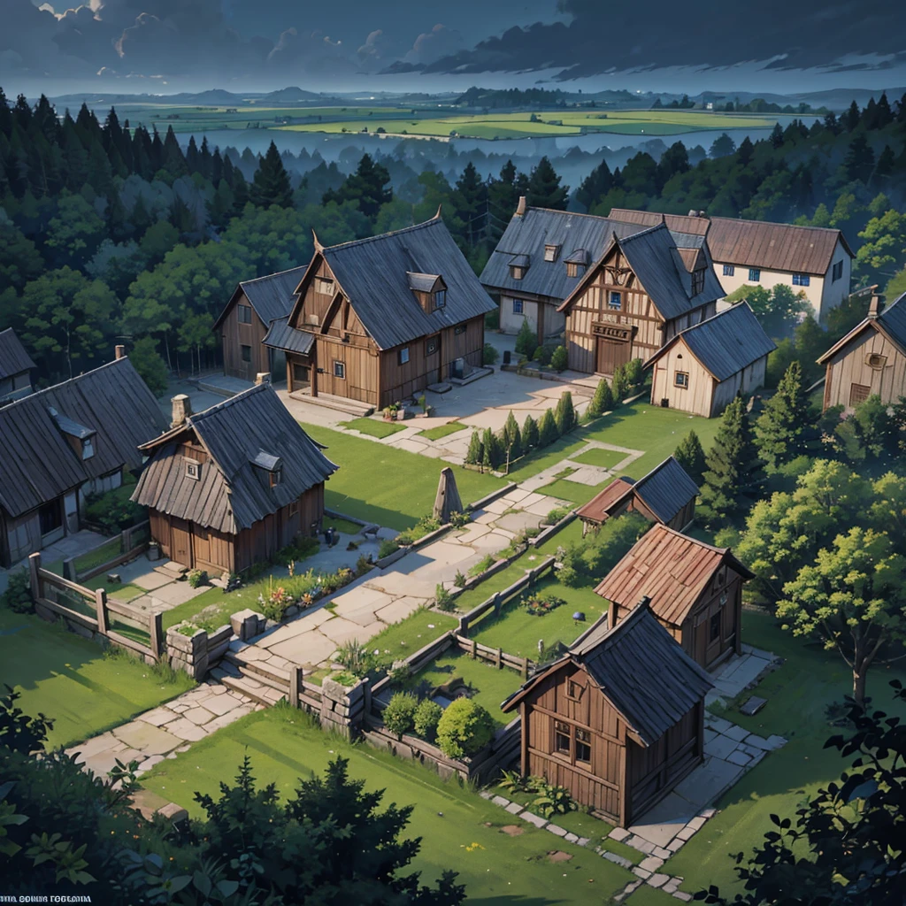 Create a 2d rpg battle map with top view, top-down, top-down view. With A small medieval village with wooden and stone houses, surrounded by a dense forest. In the center, there is a square with an old well and some barrels, where the villagers are gathered. There is an inn next to the square, a small stone church in the background, and a few huts scattered around the perimeter. The main dirt road runs through the village and leads towards the forest, which looks dark and mysterious. Small vegetable gardens and rustic fences surround some houses, and the general atmosphere is one of tension and fear.