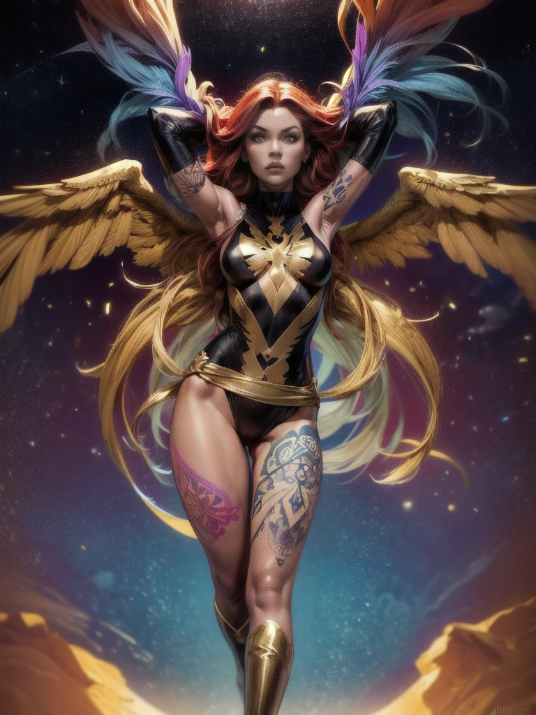 1girl, solo, Jean Grey of X-men, high leg unitard of black and gold, boob window in unitard, ((small bust)), ((thighs showing)), ((calf-high boots)), (color mandala tattoos on thighs:1.37), wings, floating in space, arms out in power pose, contrapposto stance, dramatically colorful cosmic background, moody lighting, 16k, best quality, masterpiece, (wide angle:1.27), full length portrait