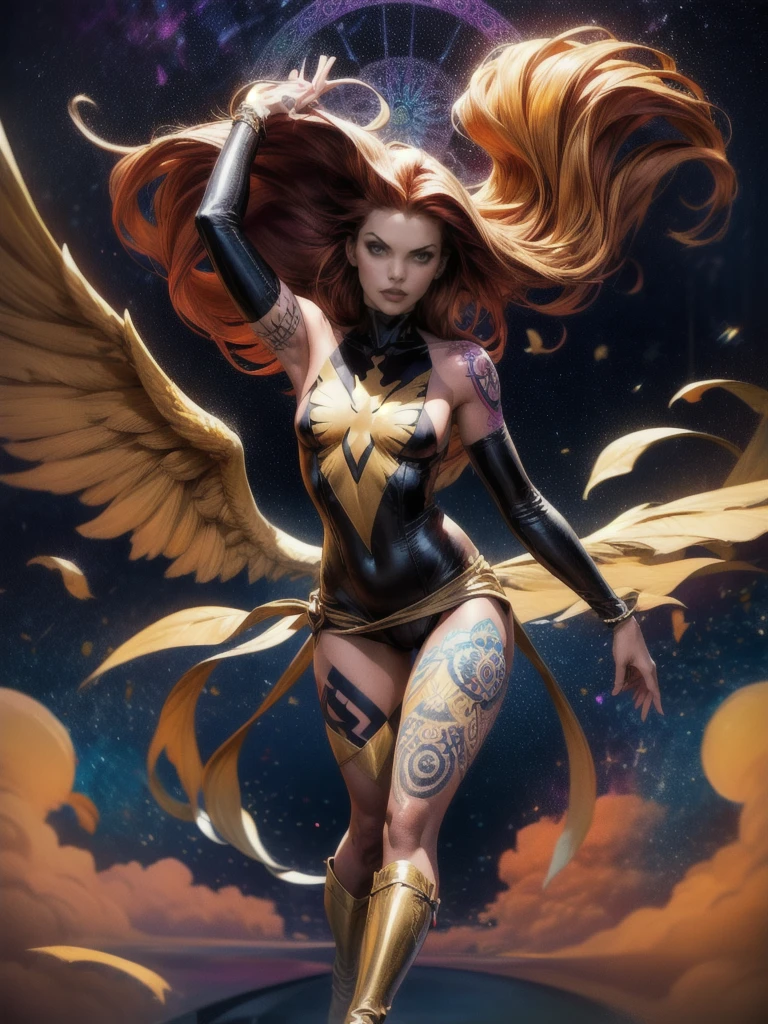 1girl, solo, Jean Grey of X-men, high leg unitard of black and gold, boob window in unitard, ((small bust)), ((thighs showing)), ((calf-high boots)), (color mandala tattoos on thighs:1.37), wings, floating in space, arms out in power pose, contrapposto stance, dramatically colorful cosmic background, moody lighting, 16k, best quality, masterpiece, (wide angle:1.27), full length portrait