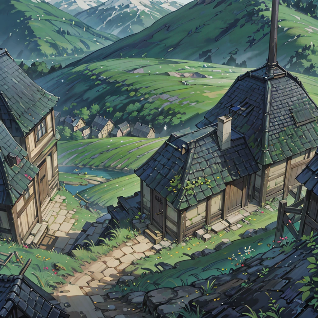 Create a 2d rpg battle map with top view, top-down, top-down view. With A small medieval village with wooden and stone houses, surrounded by a dense forest. In the center, there is a square with an old well and some barrels, where the villagers are gathered. There is an inn next to the square, a small stone church in the background, and a few huts scattered around the perimeter. The main dirt road runs through the village and leads towards the forest, which looks dark and mysterious. Small vegetable gardens and rustic fences surround some houses, and the general atmosphere is one of tension and fear. describe in a medieval setting.