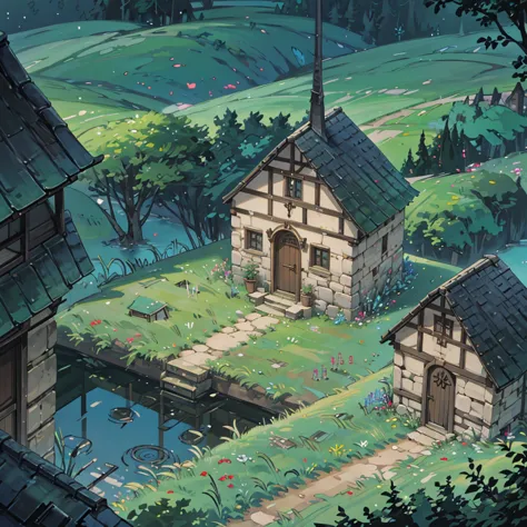 create a 2d rpg battle map with top view, top-down, top-down view. with a small medieval village with wooden and stone houses, s...