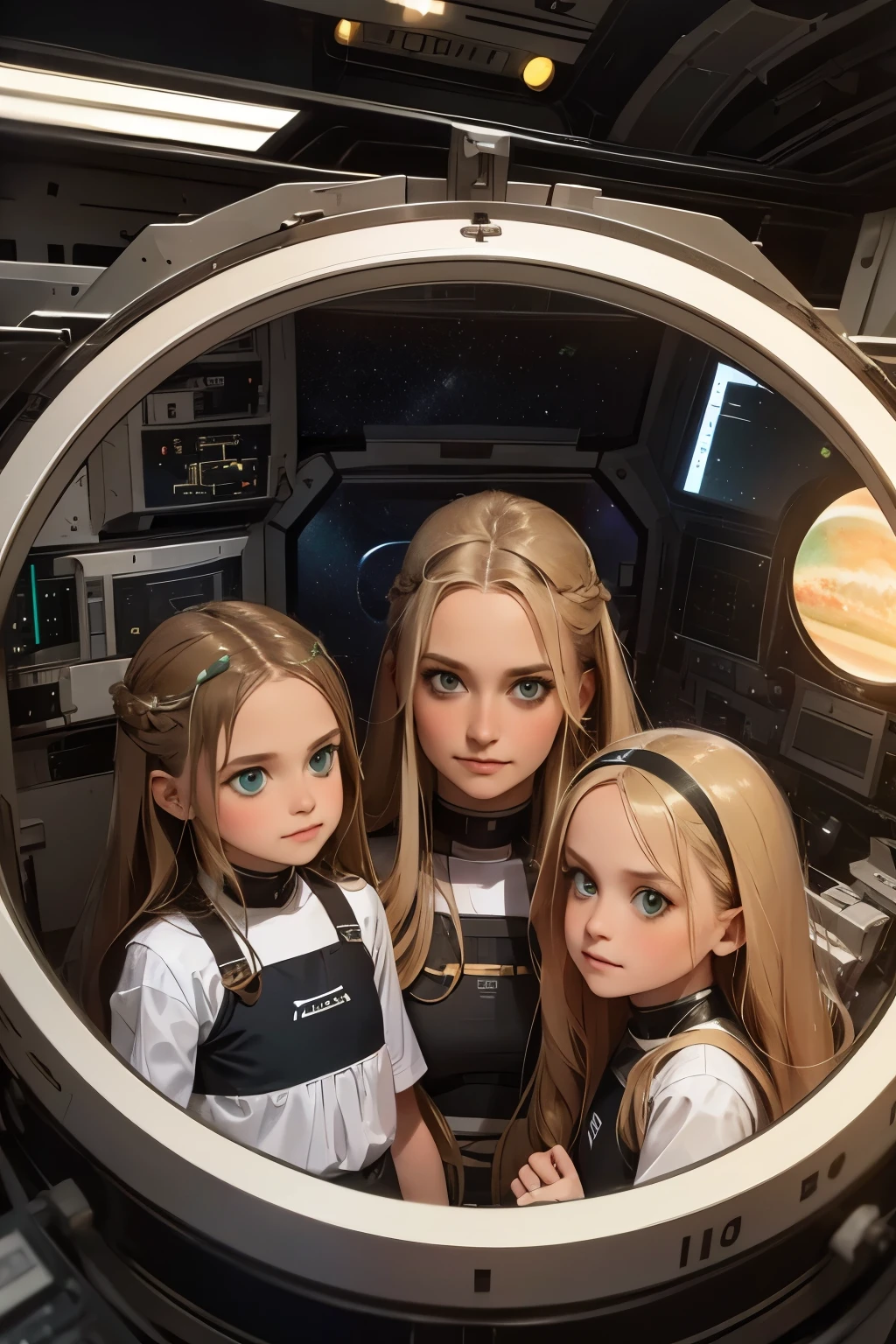 two little girls and a mother in a space station, a with long blond hair, a with long brown hair. Mom with long hair and dark green eyes