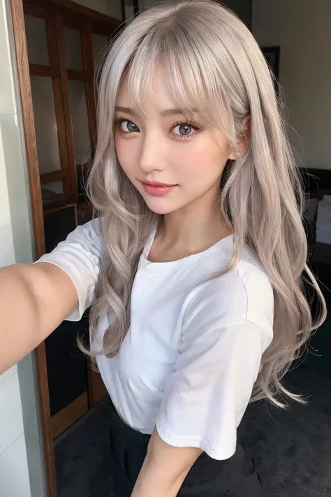 selfie、silver hair、big eyes、smile、white camisole、black shorts、long hair,curly hair,masterpiece、highest quality、非常に精細な8k、ultra hd...