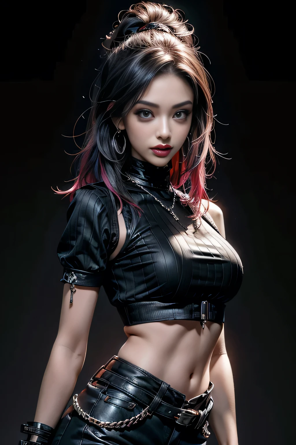 sfw, Hyper realistic super detailed sexy young gothic girl , expressions faciales sexy, seductive facial expressions, dynamic pose [:(Face detail: 1.4): 0.4], 16K resolution, 4k resolution, (Ventre plat parfait), (image couleur), edgpshorts, a woman in a black top and shorts with chains on her waist , wearing edgpshorts, wearing bra,((skinny waist)), young asian girl, ((big breasted)),