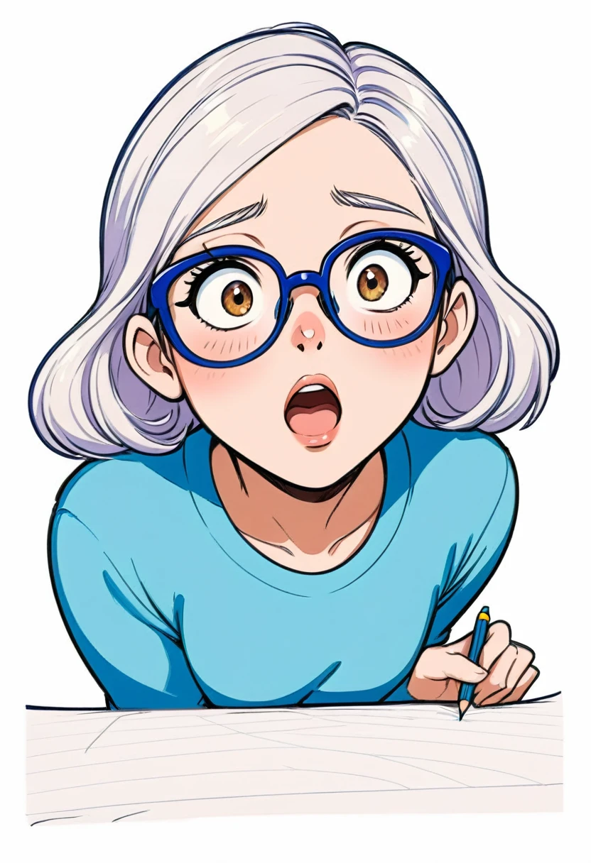 Cartoon sketch of an surprised girl with glasses, white background, drawing made in colored pencil and thick lines, in the style of Pixar, high resolution, white border