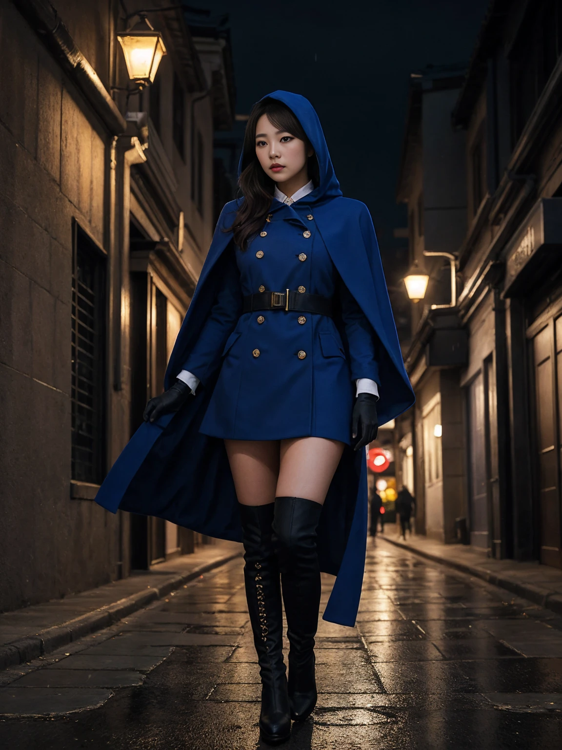 South korea walk women mystery hooded on with modern royal Blue coat with long and wide sleeves with buttons and royal Blue cape and very high white heel over the knee and white gloves, As she reveals a small secret hidden blade coming from his wrist , adding to the characters mysterious, with small movements of air on the cape, in summer at night under the rain, with buildings featuring curved eaves and detailed architecture. sophisticated and highly detailed, ultra hd, realistic, hyper detailed, enhanced colours, ultra sharp focus, with vibrant, rich in details High quality, gorgeous, captivating, 8k, super detailed, stunning shadows, detailed lines, blood stain on coat and gloves and walls, corpses in the street recently murdered