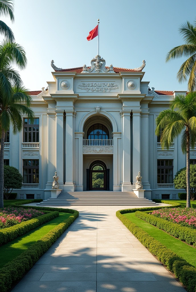 Create a very big headquarters with Singaporean architecture.The words EXECUTIVE  DOCKET exposed the compound has a driveway grass and flowers neatly organized no trees I can't see the words Executive Docket on the concrete I want to see the words I want to see the words 