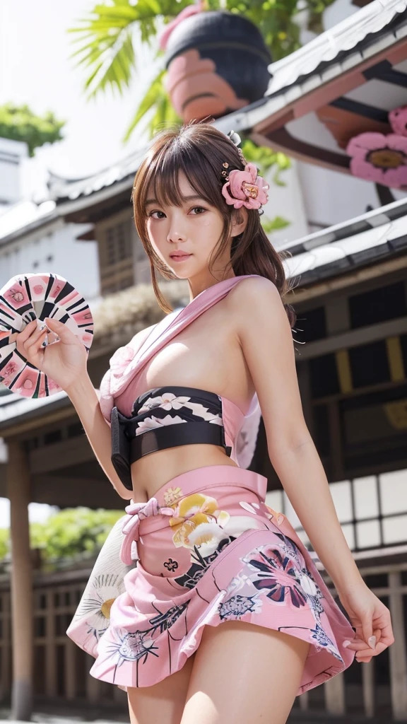 masterpiece, Highest quality,Very detailed,High resolution,(Realistic,photoRealistic:1.37),Excellent anatomy,One beautiful woman,1,Sexy Idol,(((Focus on the thighs:1.5))),(((no panties:1.6))),A small smile,(((Sexy and cute))),(((Ultra-mini skirt pink floral yukata:1.6))),((Very delicate and beautiful)),((Lively summer festival background:1.3)),Brown Hair,Long Hair,bangs, Floating Hair NovaFrog Style,Very beautiful face,Cute type,Baby Face,Big Natural Color Lip,Big and pretty eyes,Brown eyes,Obvious double,Small and cute nose,Brown eyes,Shiny highlight spots around the eyes,Character Focus,Tilt your head,The best light,Best Shadow,Mysterious perfect face,Very detailed,Soft Skin,(Glowing Skin, Sweaty:1.3)&#39;Beautiful feet, Voluptuous thighs,Plump body,Huge breasts,(Expressing the roundness and softness of the chest),Beautiful body,(The perfect woman)