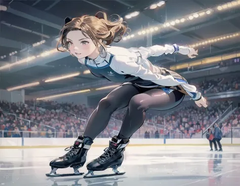 anime girl skating on ice in a stadium with spectators, smooth anime cg art, dynamic skating, artwork in the style of guweiz, gu...