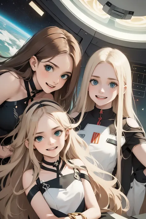 two little girls and a mother in a space station, a with long blond hair, a with long brown hair. mom with long hair and dark gr...