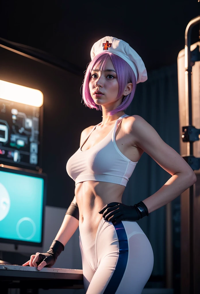 (8K, Raw foto, Best Quality, mastery:1.2), (realisitic, Realistis:1.37),(kpop-idol), (aegyo sal:1),Cute,Professional Lighting, photons mapping, radiosity, physics based rendering , , lucy \(The cyberpunk\), bob cuts, mechanical parts, Grey eyes, short soft pink hair, wearing white nurse cap and white Tight Suit with purple blue gradient essence, cyberpunk city, white pants, natta, neon lit, Sexy, smoke, looking up at viewer,, 8K High Resolution, 8K, CG wallpapers, realitic, clear background, Medium , Body