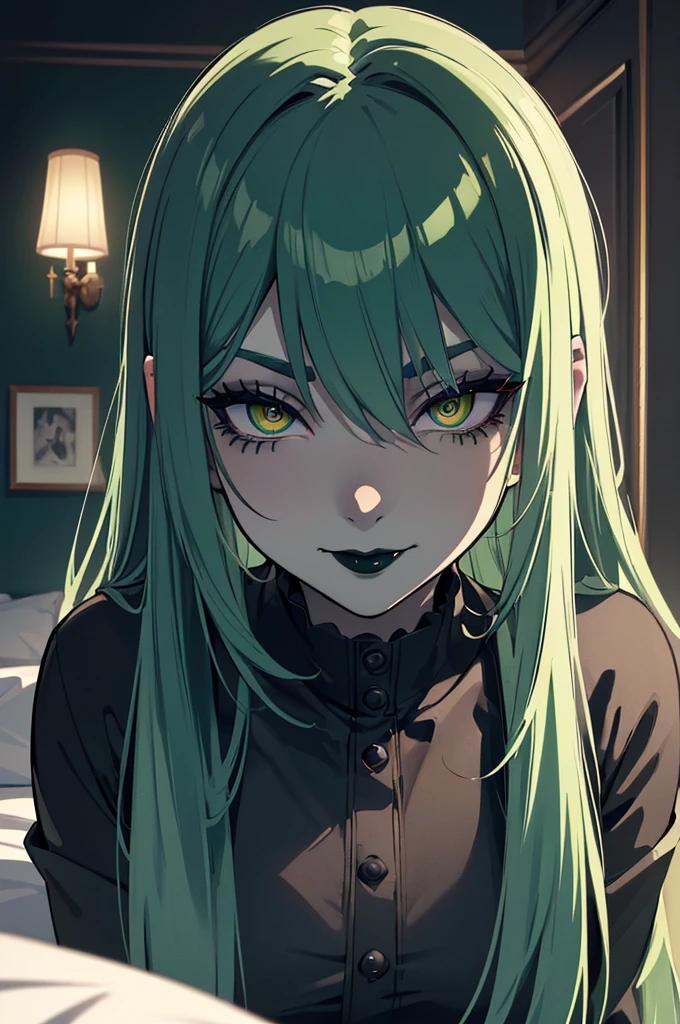 NSFW, 1Woman, ((best quality)), ((masterpiece)), (detailed), beautiful face, (defiance512:1.2), solo, (((sea-green hair))), (((sexy sea-green colour goth outfit))), (((black lipstick))), (((eyeliner))), (((dark eyeshadow))), (((ahego face))), (((long hair))), (((dark sea-green eye colour))), (((evil smile dominant expression))), (((bedroom background))), bed, desk, window, led lighting, goth wallpaper, guitar, rug, dark lighting, (evil:1.2), looking at viewer, (interview:1.3), intense seductive gaze, contrasting soft skin, (lighting:1.2), ((best quality)), ((masterpiece)), (detailed), perfect face, (((close-up face view)))